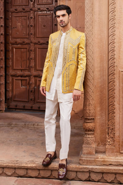 Mustard mirror zardozi embellished jacket set