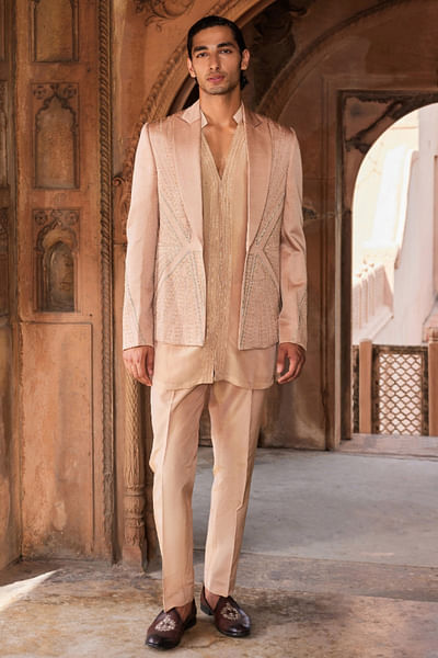 Rose brown geometric embroidered jacket set
