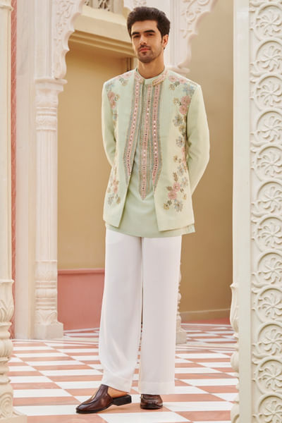 Mint green embroidered bandhgala jacket set