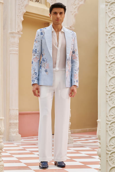 Powder blue floral embroidered blazer set