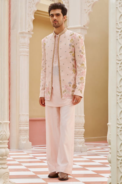 Pastel pink floral embroidered jacket set