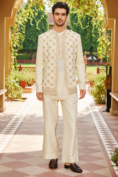 Beige hand embroidered open-jacket set