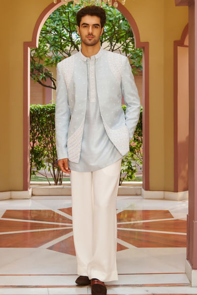 Powder blue hand embroidered jacket set