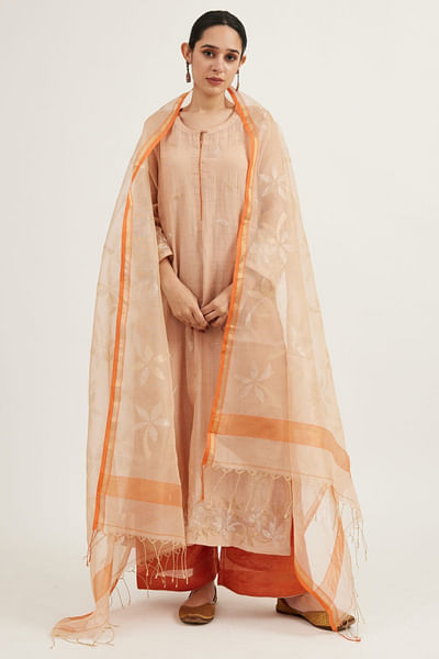 Peach zari motifs kurta set