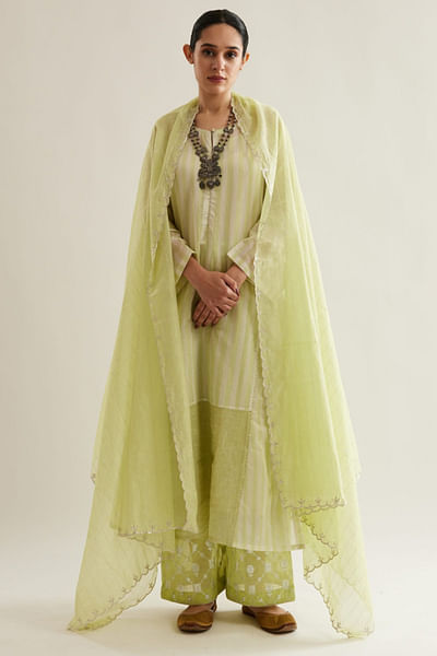 Lime green striped kurta set