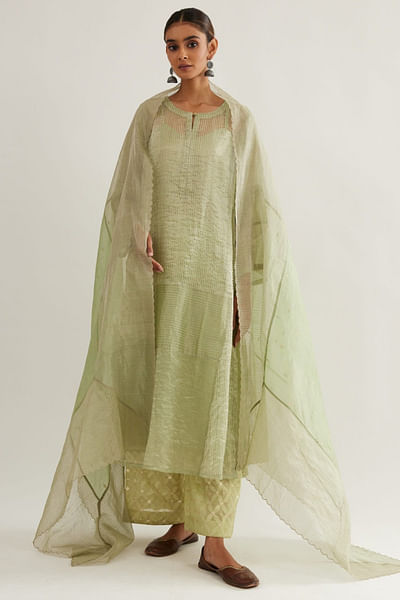 Apple green striped kurta set