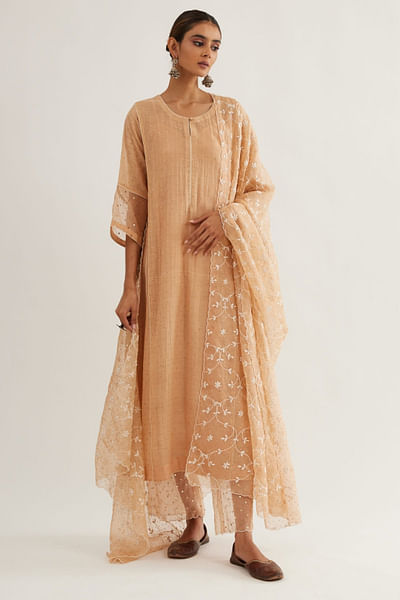 Peach zari striped kurta set