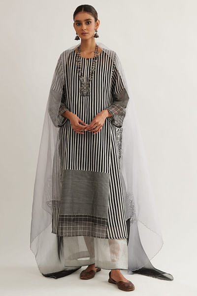 Black and grey striped kurta set
