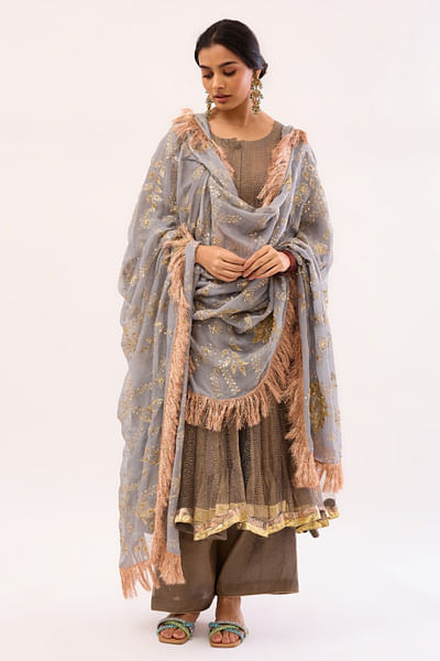 Grey handwoven anarkali set