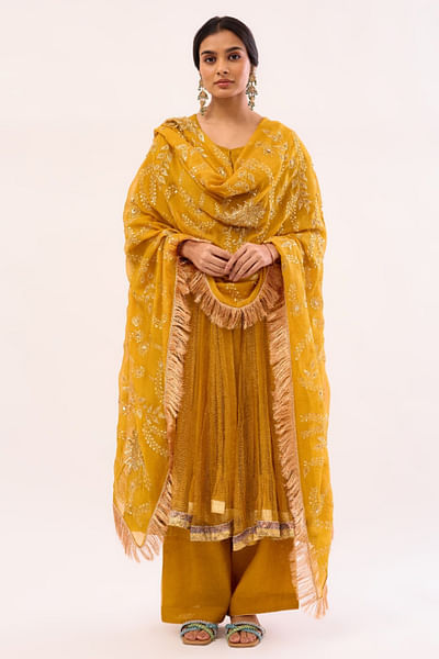 Mustard handwoven anarkali set