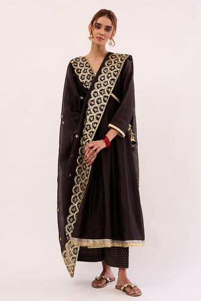 Black chanderi angrakha anarkali set