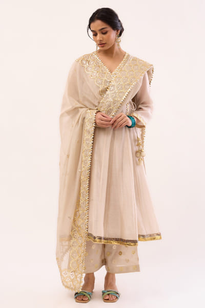 Ivory chanderi angrakha anarkali set