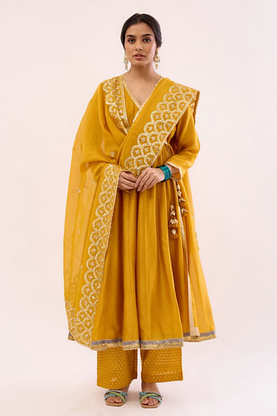 Mustard chanderi angrakha anarkali set