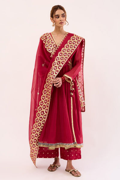 Rosewood red chanderi angrakha anarkali set
