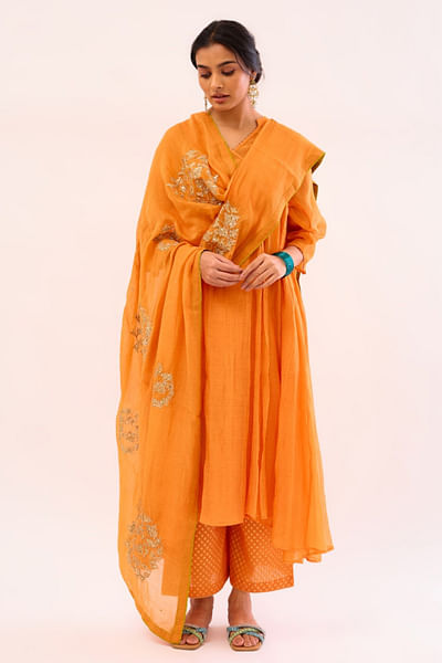 Peachish orange mulmul kurta set