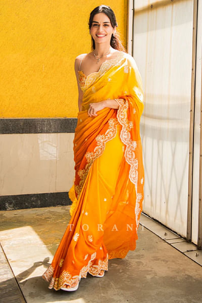 Orange ombre dori embroidered sari set