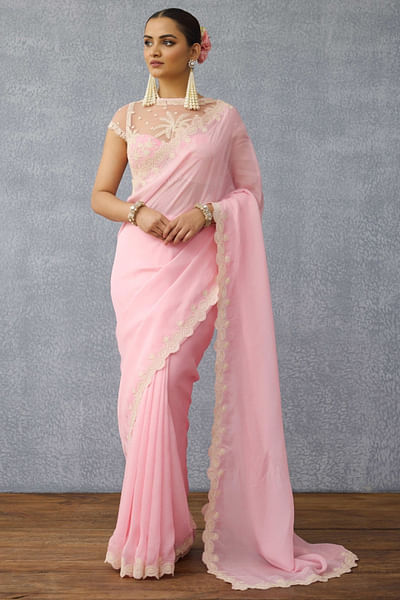 Pink scallop embroidered sari