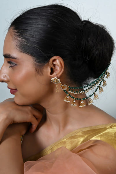 Shlok Jewels White and green kundan embellished ear chains SHLOJUN26D147689