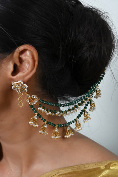 Shlok Jewels White and green kundan embellished ear chains SHLOJUN26D147689