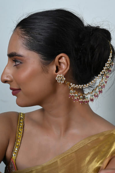 Shlok Jewels White and pink kundan embellished ear chains SHLOJUN26D147690