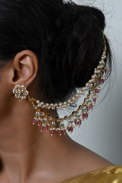 Shlok Jewels White and pink kundan embellished ear chains SHLOJUN26D147690