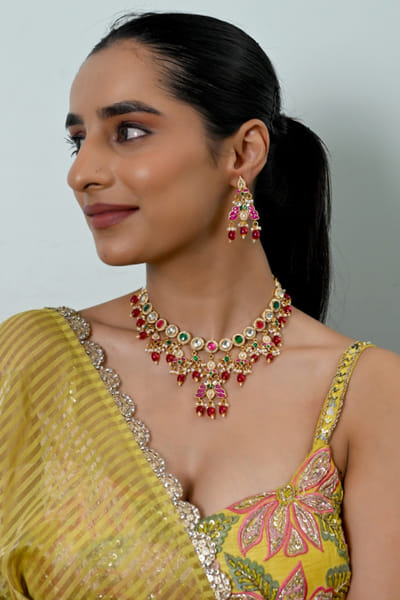 Shlok Jewels Multicolour kundan necklace set SHLOJUN26D147656