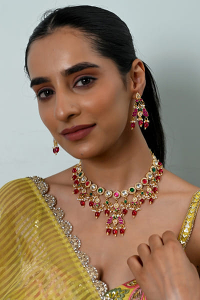 Shlok Jewels Multicolour kundan necklace set SHLOJUN26D147656