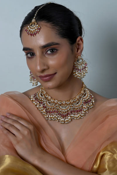 Shlok Jewels White and pink kundan necklace set SHLOJUN26D147664