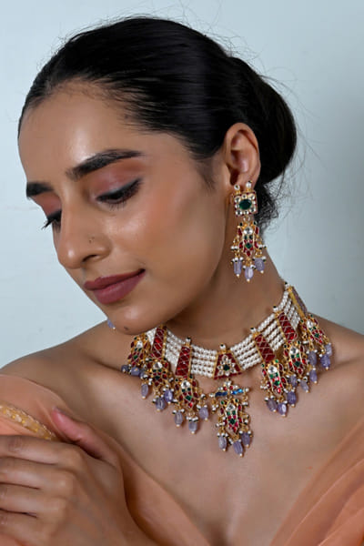 Shlok Jewels Multicolour kundan-pearl choker set SHLOJUN26D147666