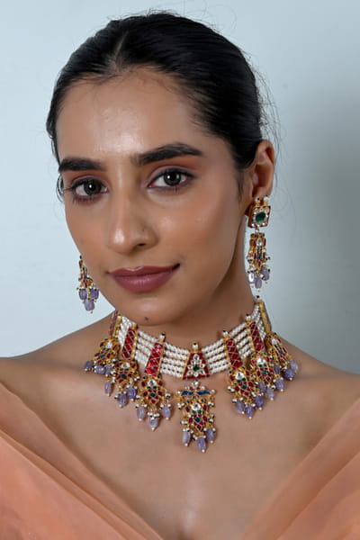 Shlok Jewels Multicolour kundan-pearl choker set SHLOJUN26D147666
