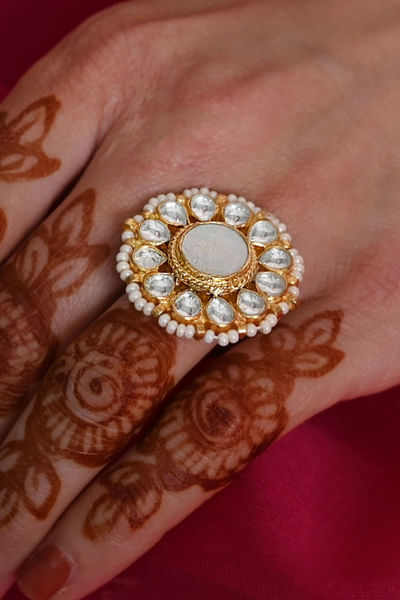 White kundan and stone embellished ring