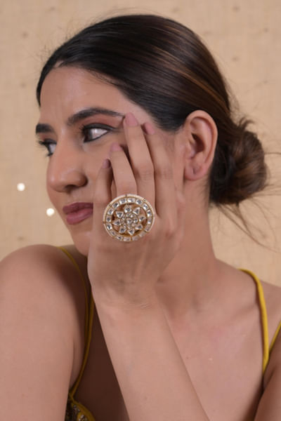 White kundan stone embellished ring