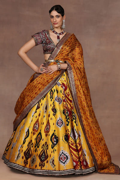 Yellow ikat printed lehenga set