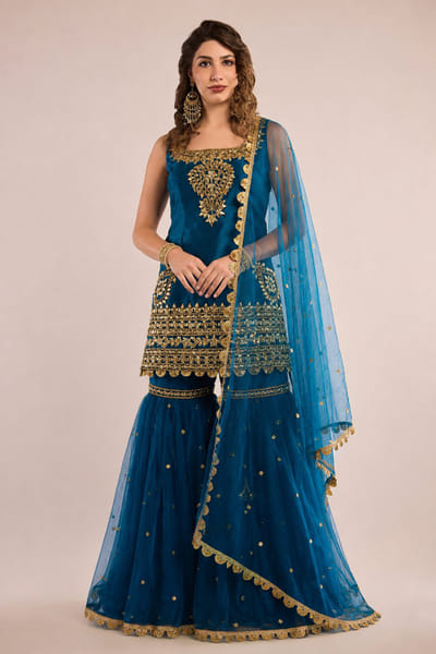 Saina Kapoor Teal blue gota patti embroidered gharara set SAINAUG26D152705