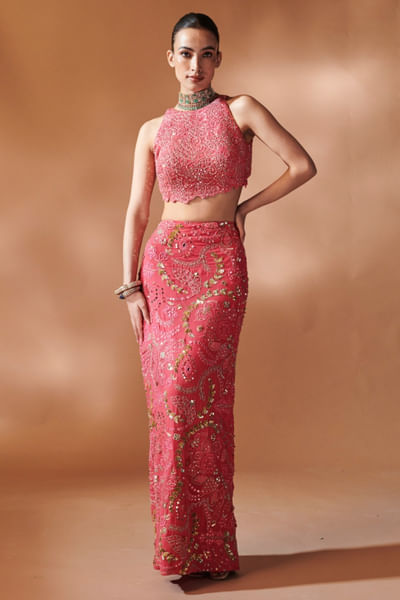 Pink sequin embroidered skirt set