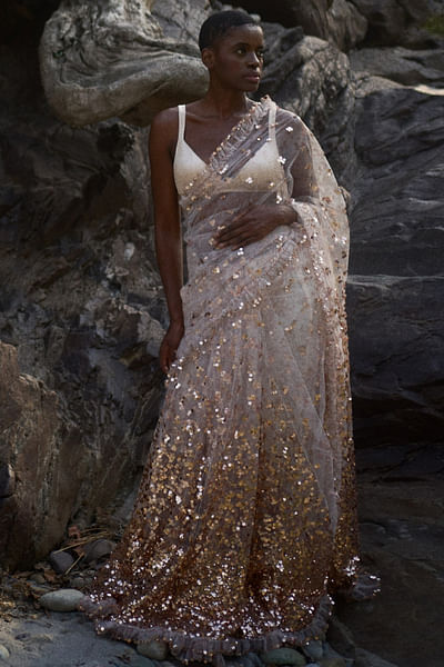 Rose gold sequinned lehenga sari