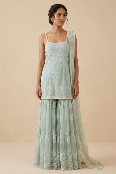 Teal blue embroidered sharara set