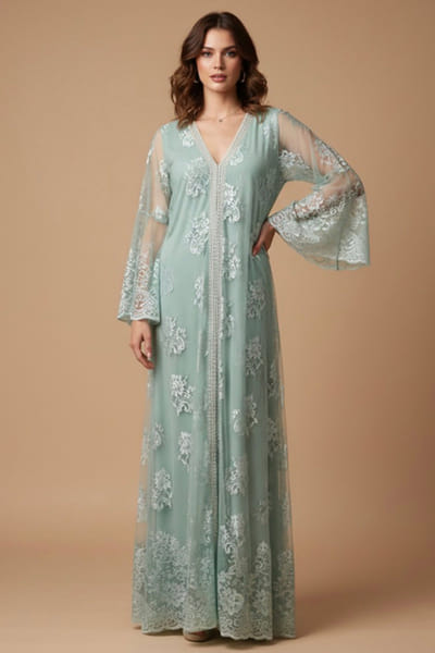 Teal blue embroidered lace kaftan
