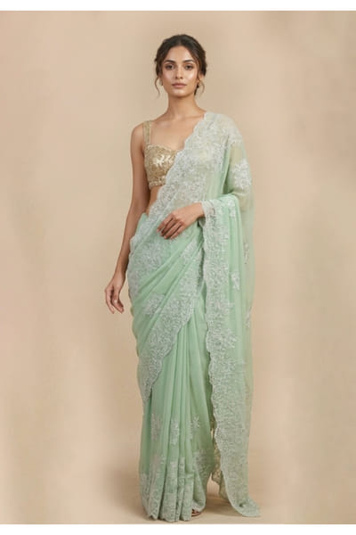 Pastel green lace embroidered sari set