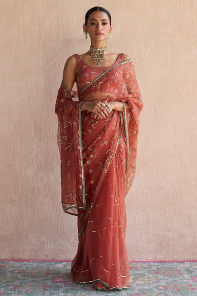 Orange geometric embroidered sari set