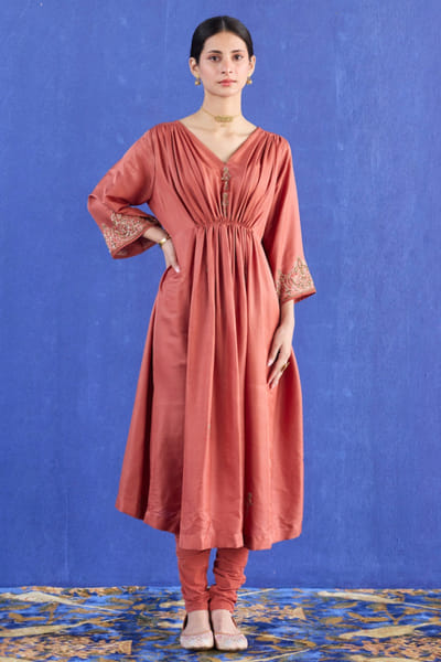 Orange embroidered gathered kurta set