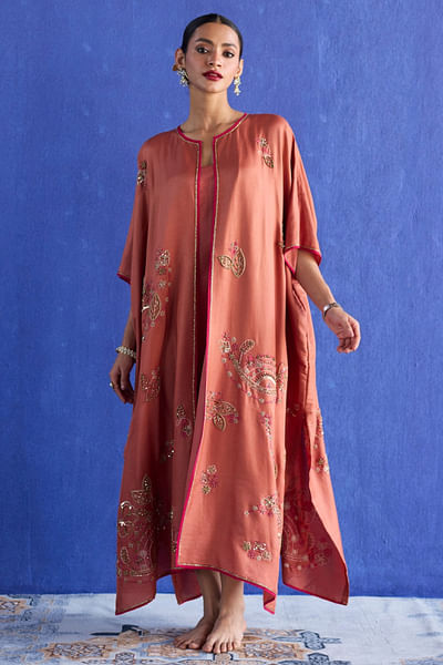 Orange floral embroidered kaftan jacket set