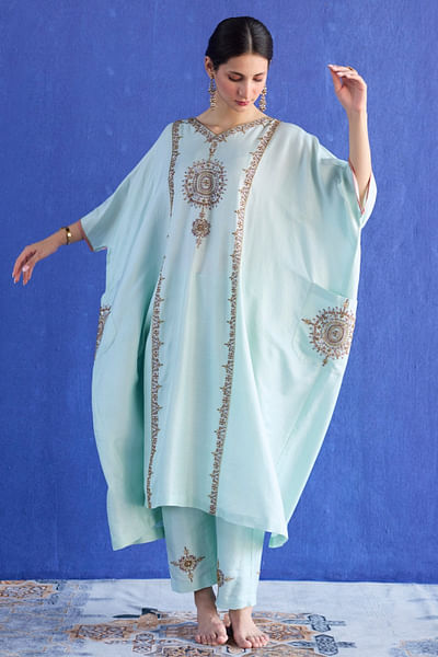 Blue floral embroidered kaftan kurta set