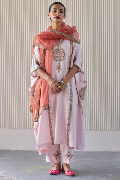 Pink floral embroidered kaftan kurta set