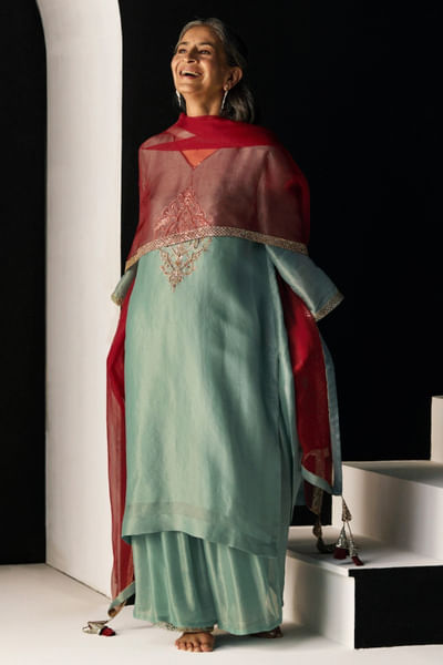 Blue tissue silk embroidered kurta set