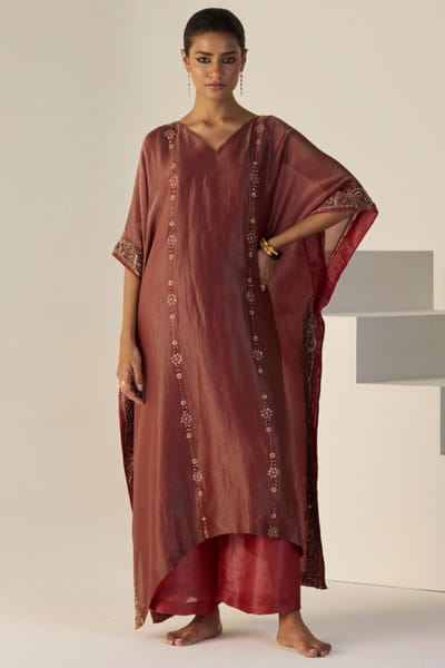 Rust embroidered kaftan set