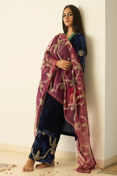 Blue and pink embroidered kurta set