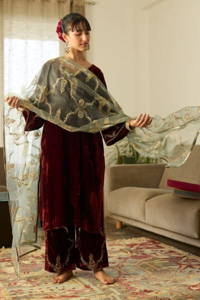 Red and green embroidered kurta set