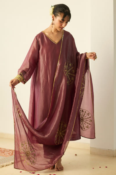 Purple and black embroidered kurta set
