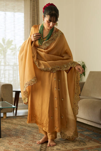 Mustard embroidered tissue silk kurta set